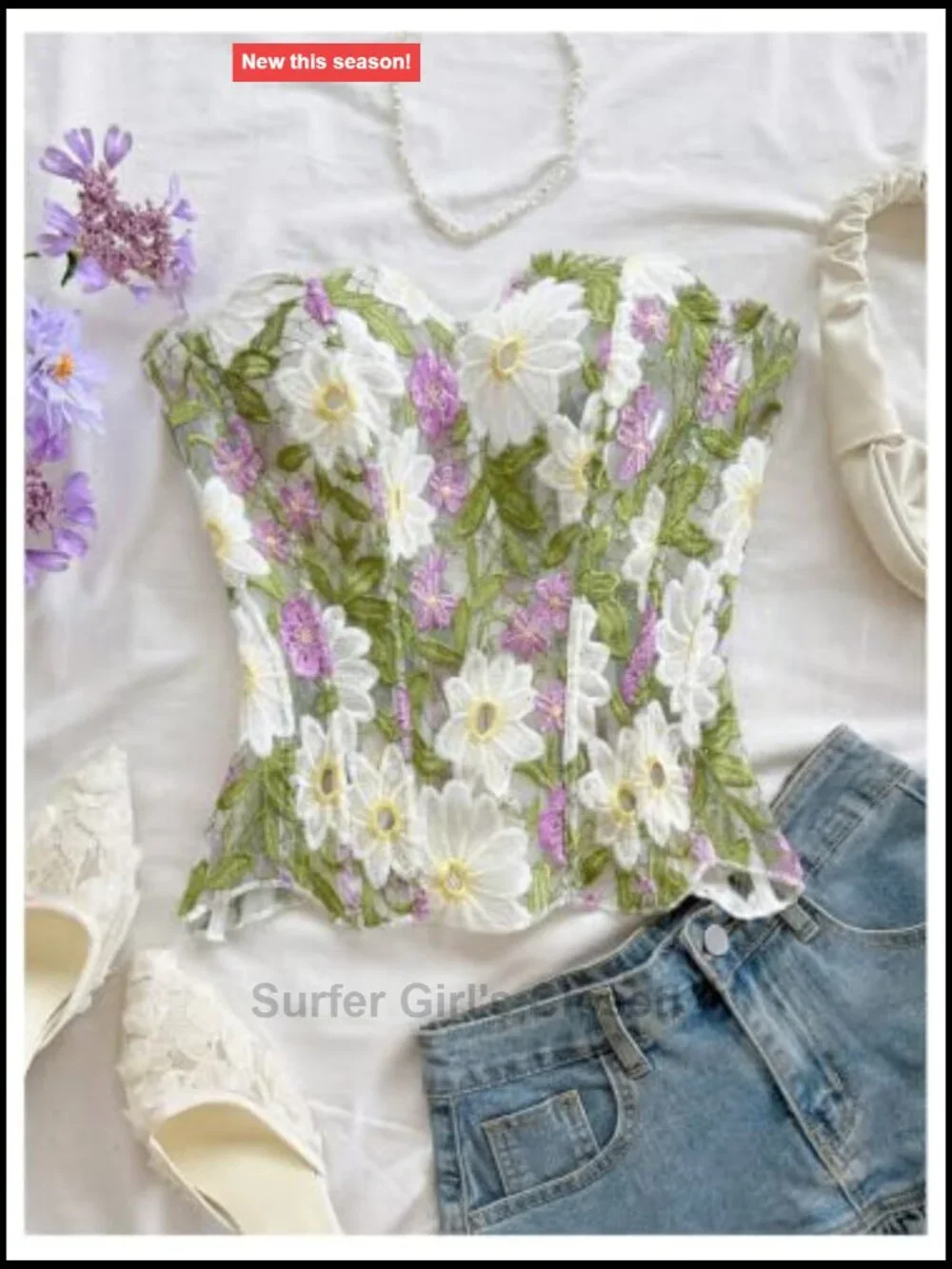 Women's Floral Embroidered Corset Bustier Strapless Lace Up Back Tube Top